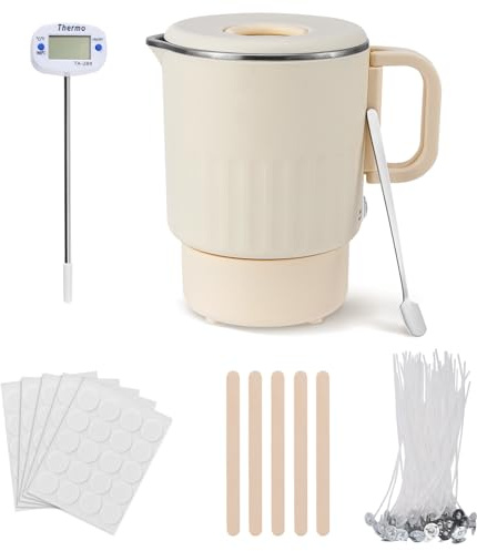 Nastopee Fundidor De Cera Para Velas, Con 1 L De Cera Eléctrica, Termómetro,100 Mechas, Pegatinas De Mecha,Dispositivo De Centrado, Derretidor De Cera Para Velas Para Kit Para Hacer Velas