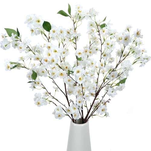 Zythrem 3 rami di ciliegio artificiali da 90 cm, fiori di ciliegio bianchi, fiori di Sakura alti in seta e plastica, finti steli di fiori di pesco finti per primavera, matrimoni, feste, casa