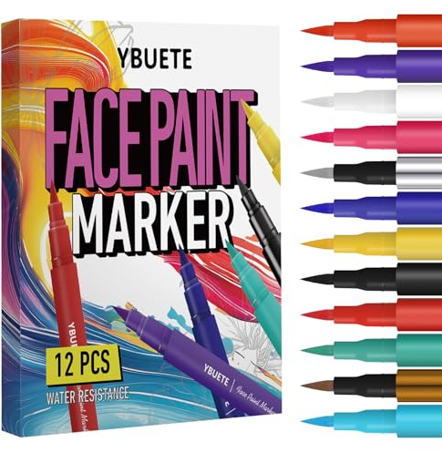 YBUETE 12 Colors Face Body Painting Markers, Water Resistance Tattoo Pen for Adults, Long-lasting and Smudge-proof Temporary Tattoo Markers for Mardi Gras Parties, SFX & Festivals