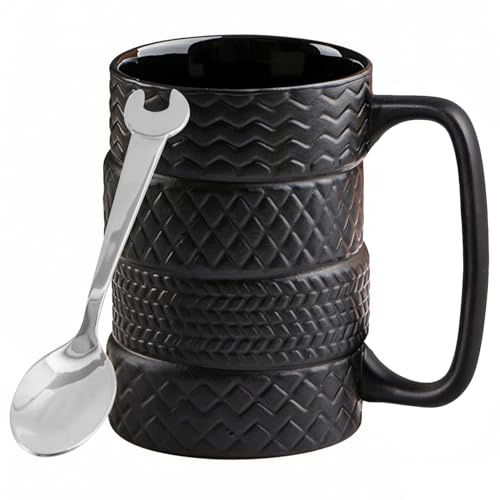 3D Tyre Coffee Mug with Spoon and Handle, 500 ml Large Mug Funny Gifts for Men Craftsmen Electricians Boss Car Lovers Mechanics Motorcyclists for Birthday Father's Day (Black 03)