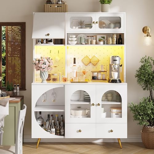 ModernLuxe Kitchen Storage Cabinet with LED Lights and USB Ports, Tall Kitchen Cupboard with Power Outlets, Pegboard, Drawers and Glass Doors, Wooden Display Cabinet, White, 120 x 40 x 176 cm