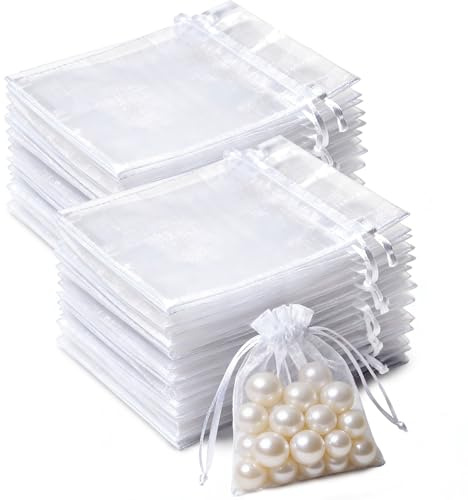 100 Pcs White Organza Bags with Drawstring, 10×15 cm Small Organza Gift Bags, Mesh Jewellery Pouches Candy Bags for Wedding Favours, Christmas, Birthday, Holiday & Party Supplies
