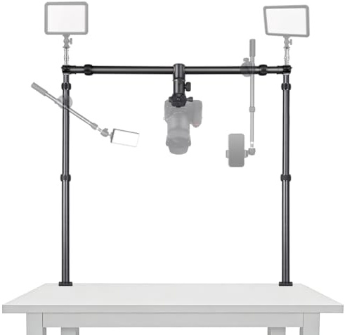 Utasitess Overhead Camera Mount, 15KG Max Load, Desktop Rig with Sliding & Rotating Ball Head, Adjustable Height/Width, Dual 1/4 Light Mounts for Product Photo, Live Stream & Content Creation