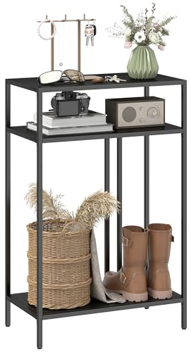 HOMCOM Konsolentisch Schmaler Flurtisch mit 3 Ebenen 55x30x85 cm Schwarz | Beistelltisch, Metallrahmen, Industrie-Design, für Wohnzimmer
