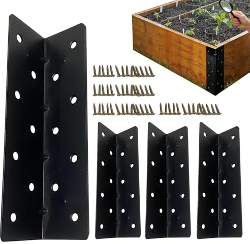 Raised Bed Corner Brackets (Set of 4) - 90° Metal Planter Box Connector with 56 Screws | Heavy Duty Cold Rolled Steel Brackets for Garden Furniture, Fences and DIY Lawn Tubs | Black