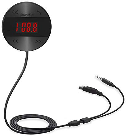 SoundBot SB361 FM Radio Wireless Car Kit Universal Receiver Transmitter Accessory Full Spectrum HD Music Streaming Hands Free Talking LED Display Voice Command Built-in Mic USB ChargerSB361-BLK/BLK