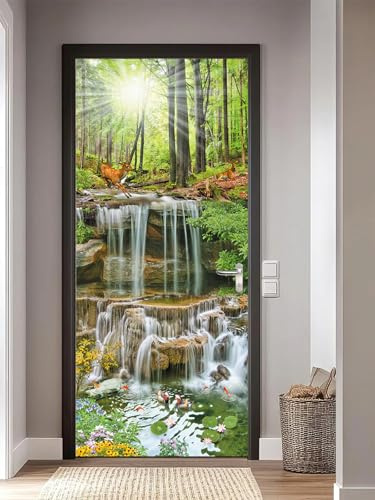 FLFK Türtapete Selbstklebend TürPoster 77x200cm-Sonnenschein Waldhirsch Türaufkleber Abziehen und Aufkleben Mauer Aufkleber Zuhause Dekor(2 Stk/Set)