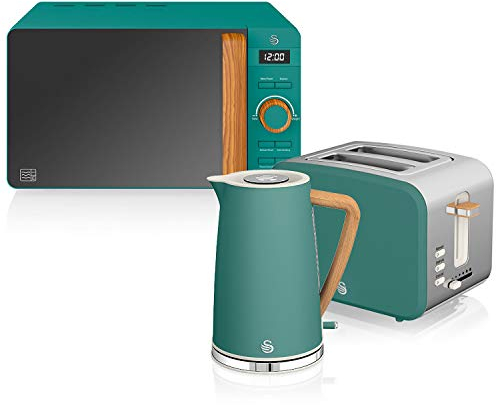 Swan Nordic Frühstücksset, Wasserkocher, 1,7 l, 2200 W, Breitschlitz-Toaster, 2 Scheiben, digitale Mikrowelle 20 l, modernes Design, Holzoptik, Grün
