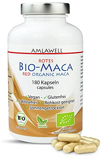Amlawell rote Bio Maca Kapseln - Vegan - Rohstoff aus Peru - ohne Laktose und Gluten - aus deutscher Herstellung - 180 Kapseln - DE-ÖKO-039