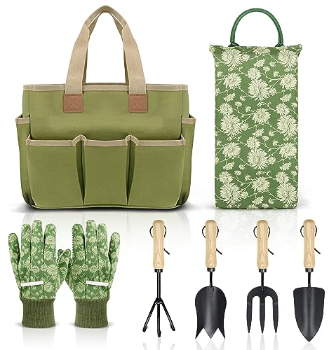 Colwelt Set di attrezzi da giardino, resistenti attrezzi da giardinaggio con manico in legno, tra cui borsa da giardino, ginocchiera, guanti, trapiantatore, coltivatore, regali di giardinaggio per