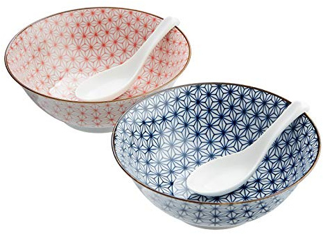 ASANOHA 2er Suppenschüssel Set mit Porzellanlöffeln in Geschenkbox aus Japan Ø 19,5 cm, H 7,5 cm