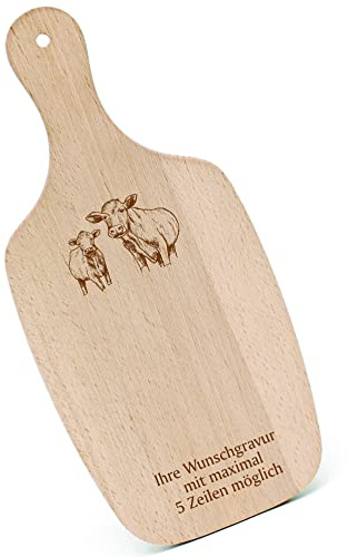 Schneidebrett Frühstücksbrettchen Gravur personalisiert - Kühe - mit Griff 330x150 Holzbrett Holz Küche Schneidbrett