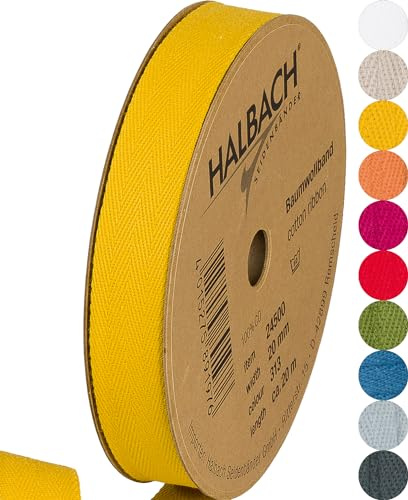 Halbach Seidenbänder Nastro di cotone 20 mm x 20 m, nastri per fai da te, nastro in tessuto per decorazioni, 100% cotone per fai da te, nastro sbieco per lavori di cucito, colore: giallo miele