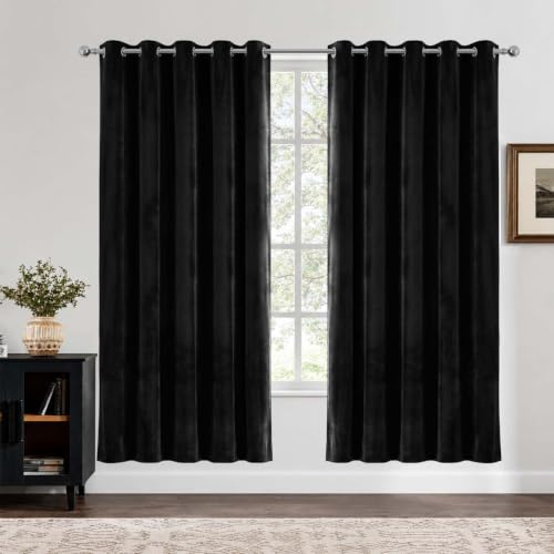 Hafaa Blackout Curtains for Bedroom 66x72 Black Velvet Curtains 1 pair | Eyelet Curtains for Living Room 72 Drop, Thermal Curtains, Heat Blocking Soundproof Curtains, 2 Panels with Tiebacks