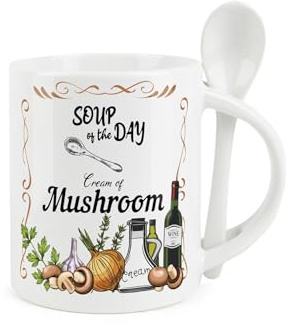 Purely Home Soup Mug and Spoon Set - Cream of Mushroom Soup of The Day - Ceramic White Soup Mug with Spoon in Handle
