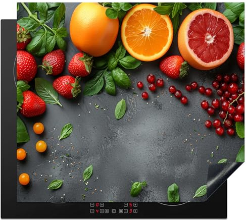KitchenYeah© Protection Plaque Cuisson Deco Cuisine Cache Induction Protege | 58x51 cm - Pour Cuisiniere Protection Indispensable Fruits - Béton - Orange - Fraise