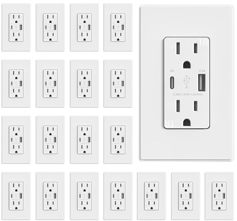 ELEGRP USB Wall Outlet, Dual USB A & C Ports, 15 Amp Tamper Resistant Plug NEMA 5-15R, Wall Plate Included, UL Listed, 20 Pack, Matte White