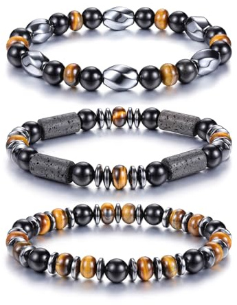 Jovivi 3 Stück Tigerauge Obsidian Edelstein Armband Herren 8mm Heilstein Perlenarmband Healing Reiki Charms Schmuck Männer