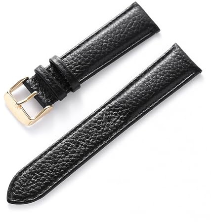 LQXHZ Echtes Lederarmband Damen Weiches Leder Litschi-Korn Rindsleder Uhrenarmband Herren Wasserdicht 14 16 18 Mm Uhrenkette Zubehör(Black gold buckle,16mm)