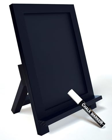 Framed Tabletop Chalkboard Sign, 9.5 x 14, Rustic Wood Frame, Small Magnetic Chalkboard with Built-in Ledge, Folding Stand, & One White Chalk Marker, by Better Office Products (Solid Black)