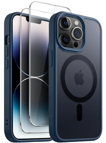 JETech 3 i 1 Magnetisk Skal för iPhone 14 Pro Max 6,7-Tum med 2 Pack Härdat Glas Skärmskydd, Kompatibel med MagSafe, Genomlysande Matte Baksida Stötsäker Telefon Case (Stormblå)