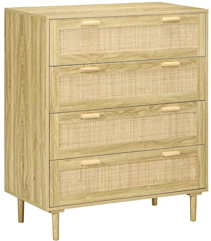 HOMCOM Cassettiera 4 Cassetti Stile Boho, Comò in Legno e Rattan per Camera da Letto e Ingresso, 90x45x108.5cm, Rovere