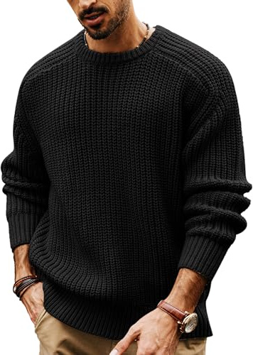 PJ PAUL JONES Jumpers for Men UK Crew Neck Sweater Winter Warm Chunky Knit Jumper Black M
