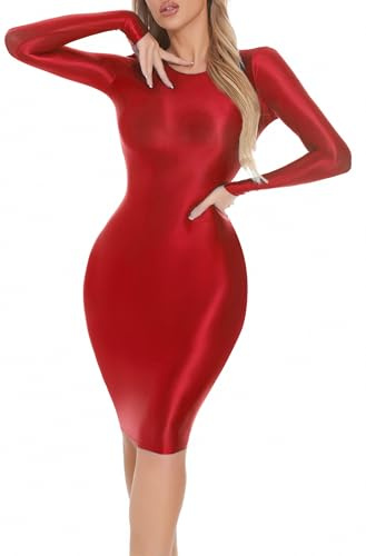 FEOYA Robe crayon brillante et brillante pour femme, robe crayon moulante extensible, uniforme sexy, robe de séduction à manches longues, robes lisses transparentes, pour le travail, le bureau, les