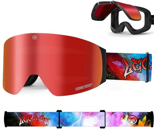 Skibrille Herren - Snowboard Brille Damen, Innovatives Flip-Up-Design Verspiegelt Ski Brille, Rahmenlose Breitere Sicht Schneebrille - Magnetische & Anti-Fog Snowboardbrille - UV400 Helm Schneebrille