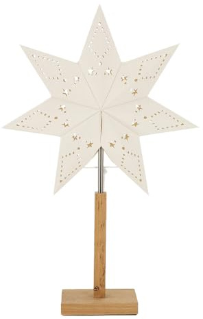 LED Universum - Papier Weihnachtsstern Tischleuchte Standstern weiß Holzfuß Dekostern mit Kabelschalter, E14 Fassung max 25W (ohne Leuchtmittel) 55cm Höhe (weiß/holz - eckiger Fuß, 1 Stück)