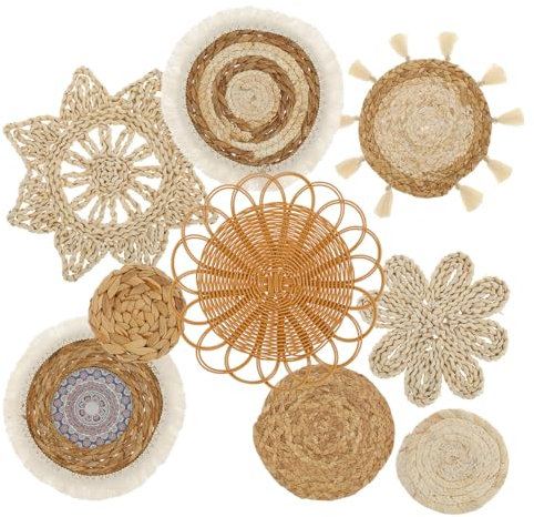 9 Set Boho Wandkörbe Dekor Gewebtes Wandkorb-Set Hängende Gewebte Wandkörbe Boho Dekoration Seegras Rattan Geflecht Boho Wanddekoration für Bauernhaus, Schlafzimmer, Wohnzimmer