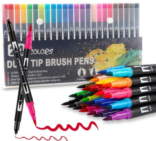 FTXanty Malmarker 24 Farben, Aquarellmarker, Aquamarker, Marker mit Doppelspitze Aquarellstifte zum Malen, Ausmalen, Selbermachen