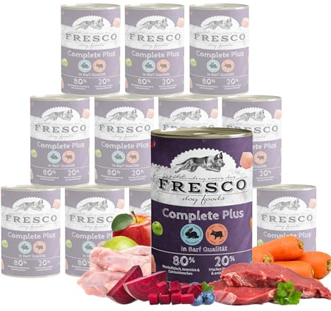 FRESCO Dog NassBarf Kaninchen mit Rind 12 x 400g | Hundefutter Nass getreidefrei | 80% Frischfleisch | Nassfutter für Hunde ohne künstliche Zusätze | Aus Deutschland