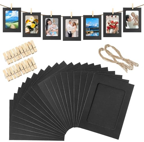 Lnngub 20 Pcs Black Paper Picture Frames, 4x6 Inch, Modern Style with Clips & Jute Strings for Home, Office, Party & Wedding