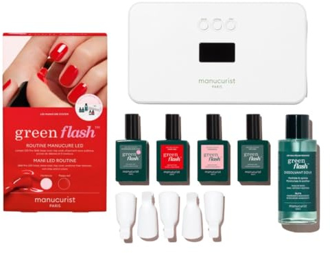 Manucurist - Neues Green Flash Slim Gel Nagellack Kit - 36W LED Nagellampe mit Base Coat + Top Coat + 2 Farben: Poppy Red & Hortencia + Gel Nagellampe + Nagellackentferner + Nagelclips Kit