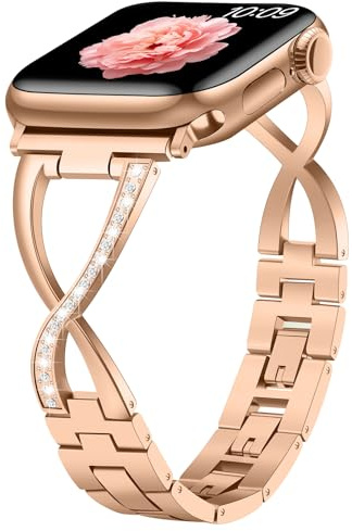 Sixmoat Metal Straps Compatible with Apple Watch Strap for Women 38mm 40mm 41mm 42mm 44mm 45mm 46mm 49mm, Bling Dressy X-Shape Bracelet for iWatch Ultra SE Series 11 10 9 8 7 6 5 4 3 (Rose Gold)