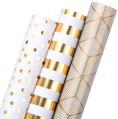 Wikadlik Gold Weißes Geburtstags-Geschenkpapier, 3 Mini-Rollen Folien-Geschenkpapier, Geometrie/Streifen/Polka Dots Design - 43,5 cm x 3 m pro Rolle