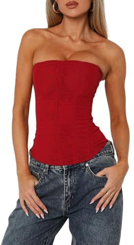Cheluzz Women Lace Y2K Strapless Bustier Corset Back Zip Mesh Boned Bodyshaper Tube Top Slim Fit Going Out Bustier Tops (Red, S)