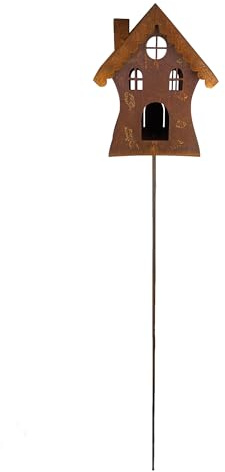 Ecosoul Hexenhaus Vogelhaus Futterstation aus Metall, Rost-Optik, mit Erdspieß, 21x14x24/145 cm