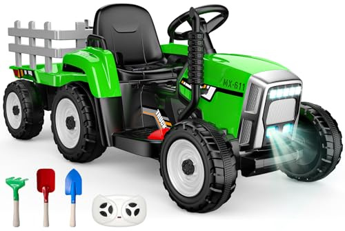 Ride On Tractor With Detachable Trailer: Remote Control Tractor Toys for 3-12 Year Old Kid, 12v Kid‘s Electric Vehicles With Led Headlights, Ride On Car Gifts For Kids 3+