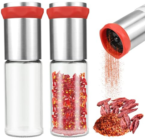 Chili Mill, 2 x 170 ml Chili Mill Made of Stainless Steel and Glass, Chili Spice Mill, Nutmeg Mill, Spice Mill, Chil, Chopper for Various Spices such as Pepper, Salt and Dried Chili Peppers