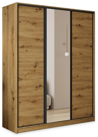 Masseno Schwebetürenschrank TARI 160/205/58 cm Kleiderschrank mit 4 Schubladen Schlafzimmer Schiebetürenschrank 3-türig mit Spiegel Eiche Artisan