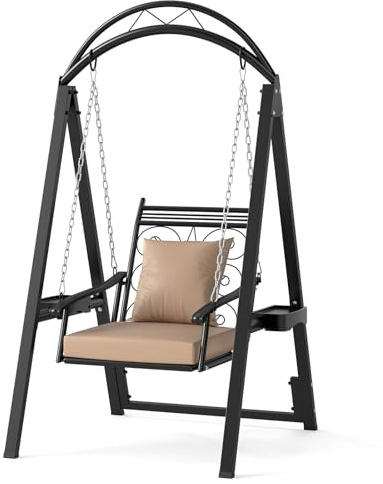COSTWAY Outdoor Porch Swing with Stand, Garden Canopy Swing Chair with Removable Cushions and Side Tables, Hanging Hammock Chair for Balcony, Backyard and Poolside (Beige+Black, A Frame)