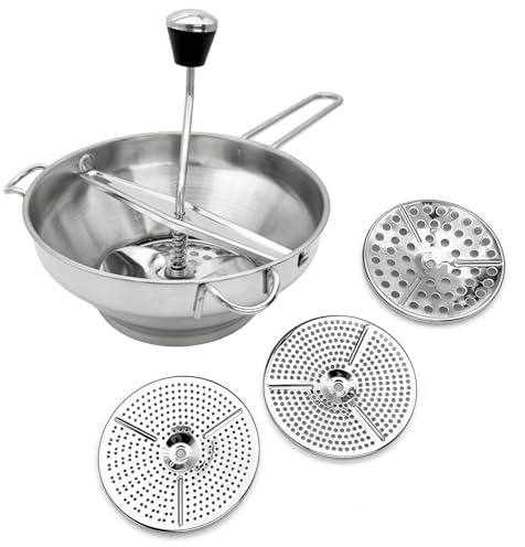 Stainless Steel Food Mill Hand Crank Vegetable Masher for Potato Tomato Jam | 3 Interchangeable Discs Fine/Medium/Coarse, Efficient Skin & Seed Separation, Easy Disassemble for Cleaning, Compact Storage