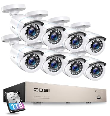 ZOSI CCTV Kit de Cámaras de Seguridad 5MP Lite Sistema de Vigilancia 8CH HD Grabador DVR + (8) 1080p Cámara de Vigilancia Exterior + 1TB Disco Duro, Detección de Movimiento, Acceso Remoto