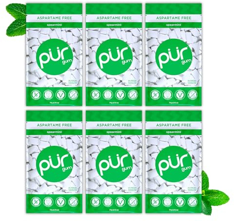 PUR Gum, Gomma Da Masticare Senza Zucchero, Con Xilitolo, Vegana, Senza Aspartame e Senza Glutine, Gomma Naturale Al Sapore Di Spearmint, 55 Pezzi, Confezione da 6