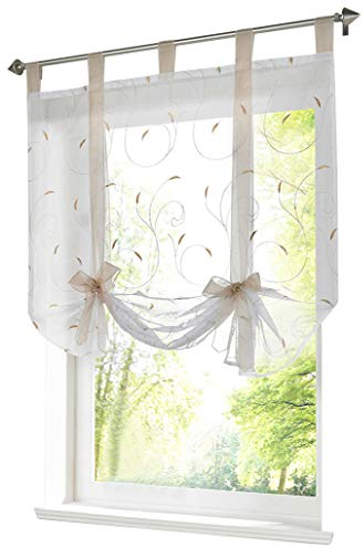 Raffrollo mit Stickerei Band Raffgardinen Voile Transparent Schlaufen Vorhang (BxH 140x140cm, Sand)