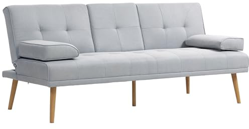 HOMCOM Divano Letto 3 Posti Stile Scandinavo Reclinabile con 2 Braccioli Rimovibili in Tessuto, Gambe in Legno e Tavolino a Ribalta Grigio