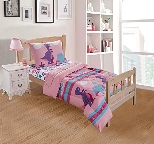 Luxury Home Collection Girls 3 Piece Toddler Bed Comforter Set Dinosaurs Pink Purple White Turquoise