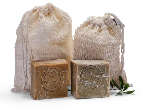 PAOS Original Aleppo Seifen Set, 2 x ca. 180g, 60% Olivenöl 40% Lorbeeröl + Sisal Seifensäckchen und gratis Reisebeutel, Handmade, Vegan, Naturprodukt, Haarseife, Duschseife, Original Rezeptur
